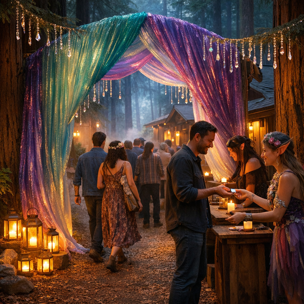 AI-generated image of the Faerie Birthday arrival through the Afterglow Grove at Fable Sonoma